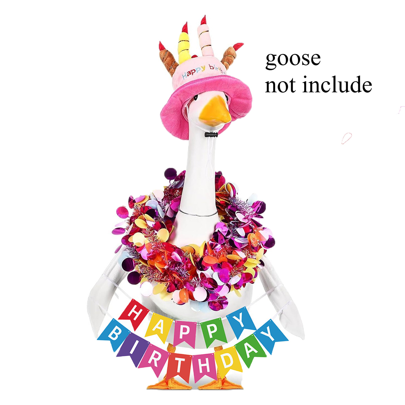 TEMU Costume d'oie rose "Joyeux Anniversaire" avec chapeau gâteau, guirlande et bannière, convient pour statue d'oie de porche de 23", ailes en tissu