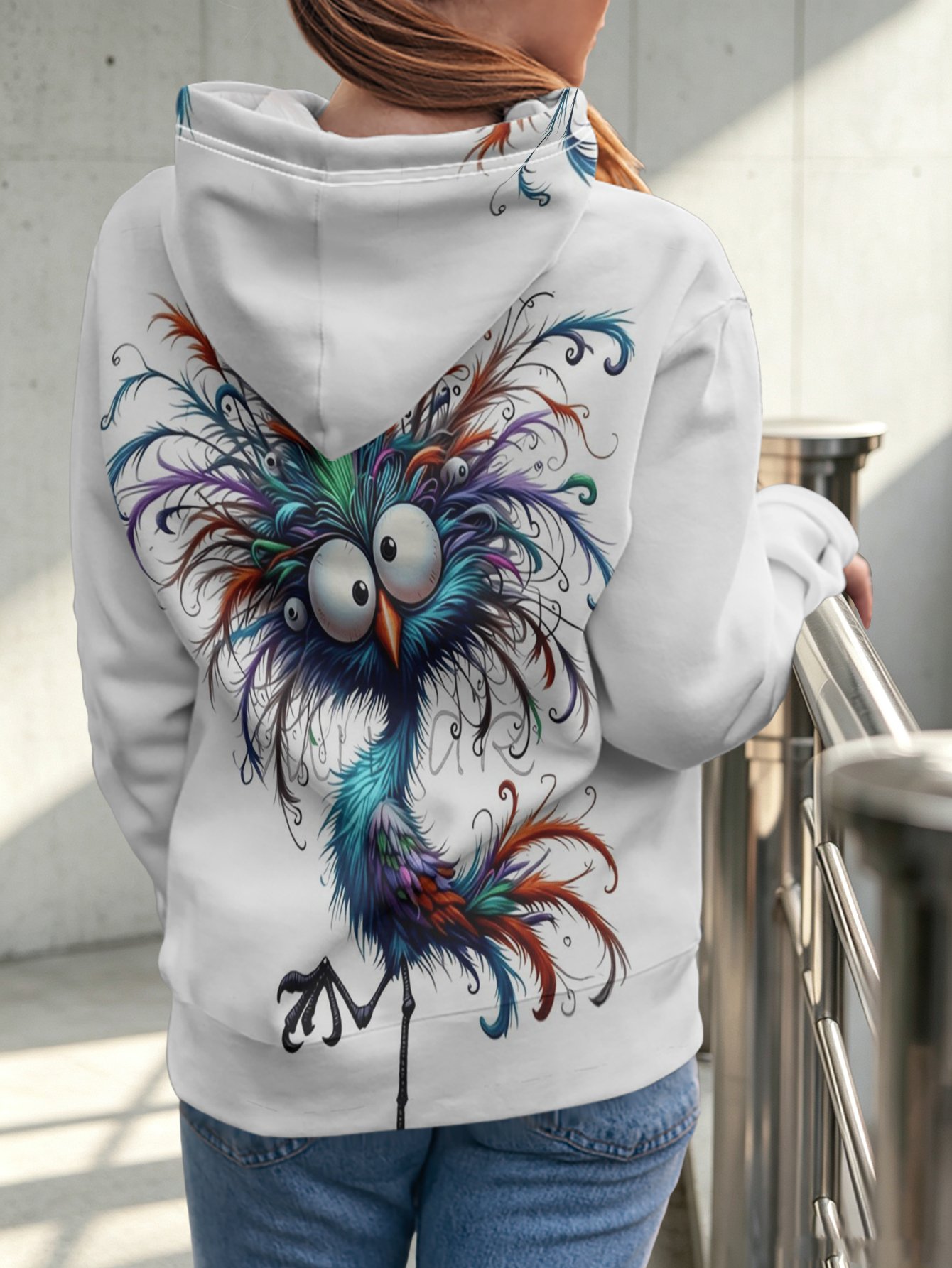 womens fashion hooded sweatshirt with a print of a colorful feathered cartoon bird with big     eyes a comfortable and versatile outerwear top for autumn and winter