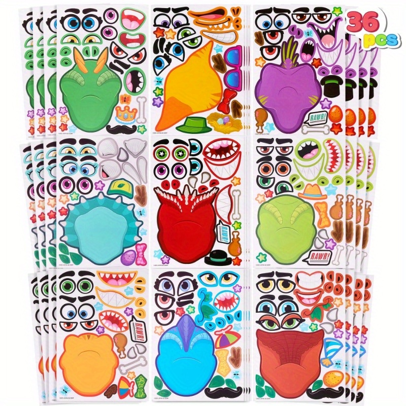 TEMU Syncfun 36pcs Make-a-face Sticker Sheets For Kids Dinosaur Fantasy Animal Stickers, Dinosaur Birthday Holiday Party Favor Craft Gifts For