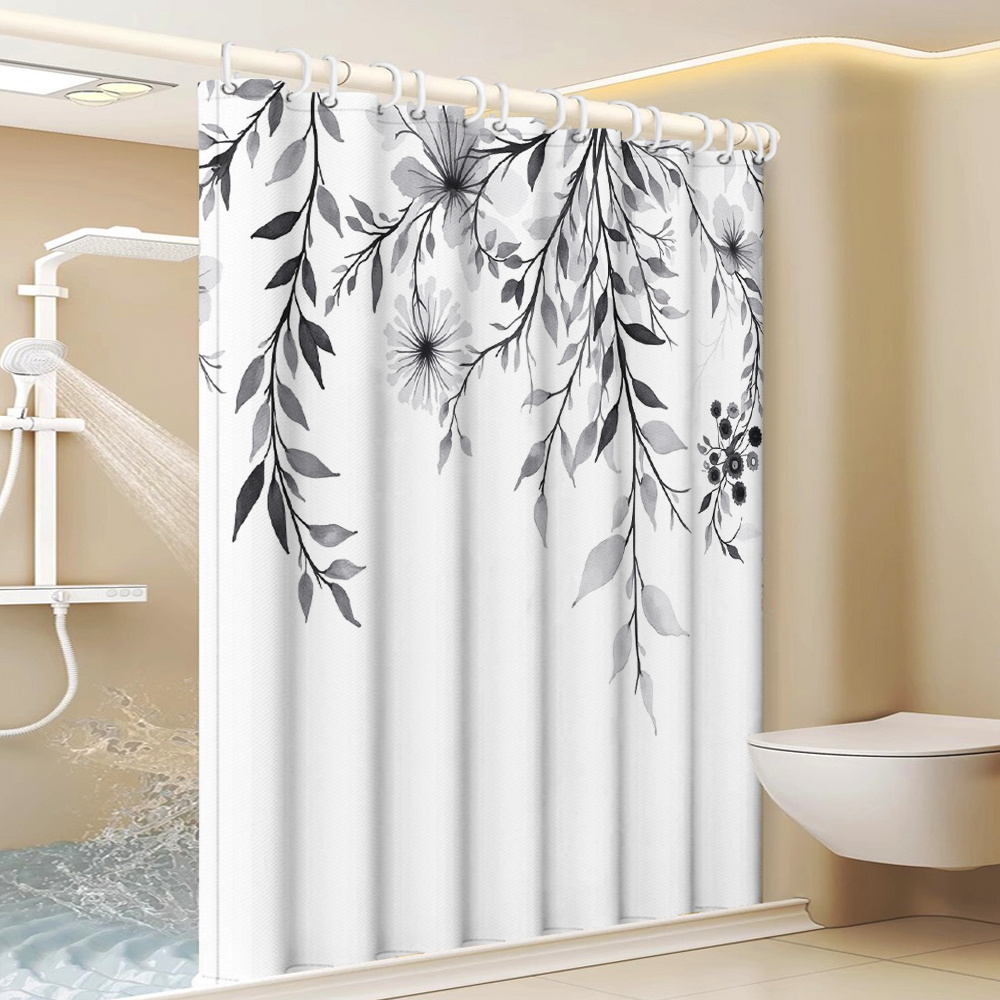 TEMU 1pc Of Easy Ink Wash Floral Branch And Leaf Printed Shower Curtain, Minimalist Artistic Style Bathroom Home Decor With Plastic Hooks, Suitable
