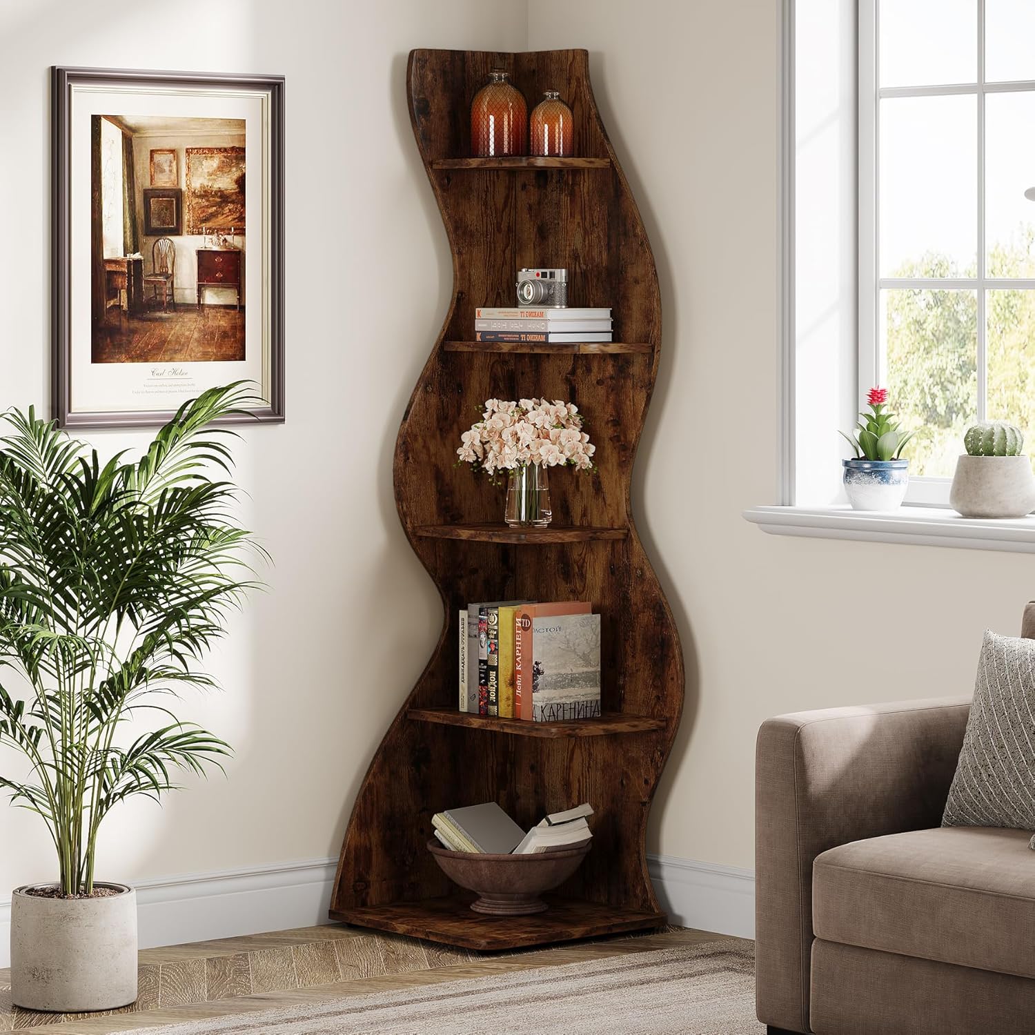 Image of 5-tier Shelf Bookshelf - Freestanding/wall-mountable & Metal -shaped Curve Bookcase, Space- Storage Rack With Etagere Shelves For Living Room, Home Office, Plant Stand ()