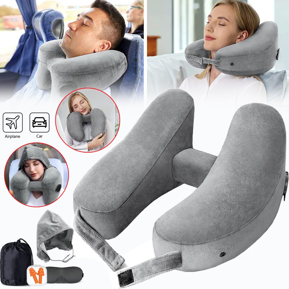 Image of Inflatable Neck Pillow For Traveling, H-shape Travel Pillow, With Cozy Clip-on Hood And Eye Mask, Gray