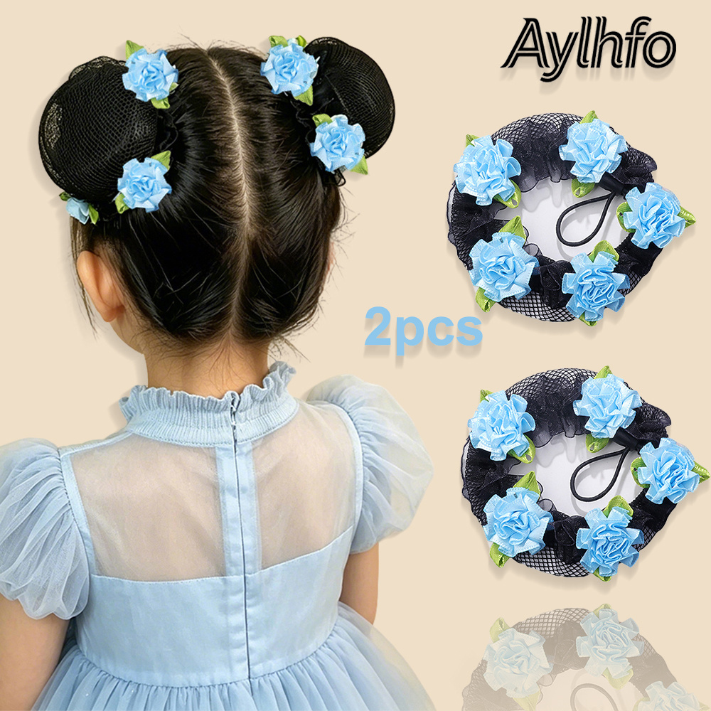 TEMU AYLHFO Lot de 2 nouveaux filets à cheveux en tissu fleur d'œillet coloré pour enfants, élastique à cheveux avec cordon de serrage de bouton pour