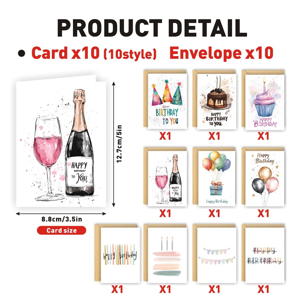 TEMU 1 Set Of 20pcs Birthday Cards Includes Envelopes, Cute Cartoon Candle Cakes, Watercolor Balloons, Birthday Cakes, Pastoral Themes, Fun Gifts,