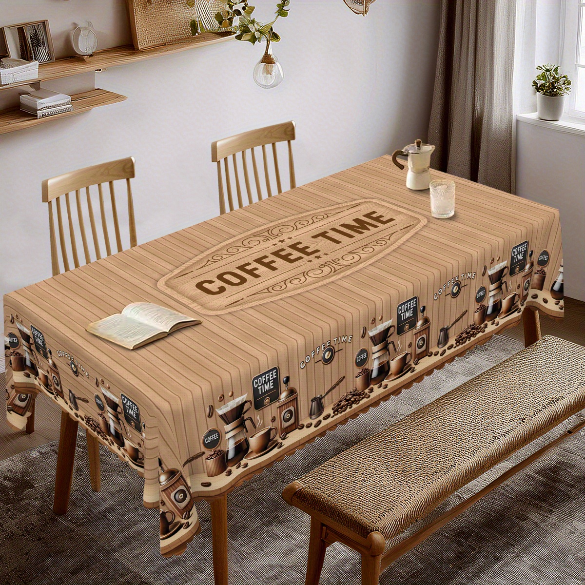 TEMU 1pc Vintage Tablecloth - Polyester Kitchen And Dining Room Decoration With Coffee Beans, Grinder And Brewing Patterns, Suitable For Family