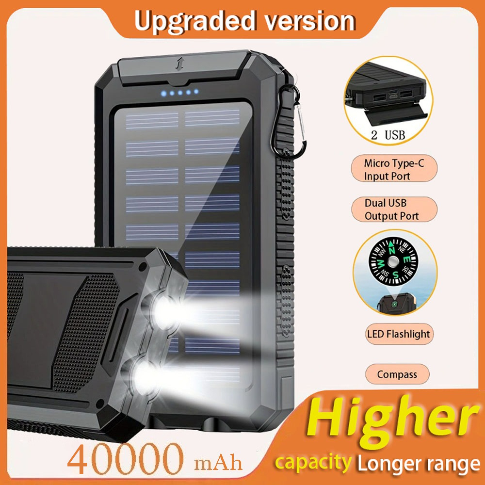 TEMU Solar Power Bank40000/20000mah Portable Fast, Equipped With 4 Dual Usb Ports And Type-c/micro Usb Input Ports, Built-in 2.4w Led