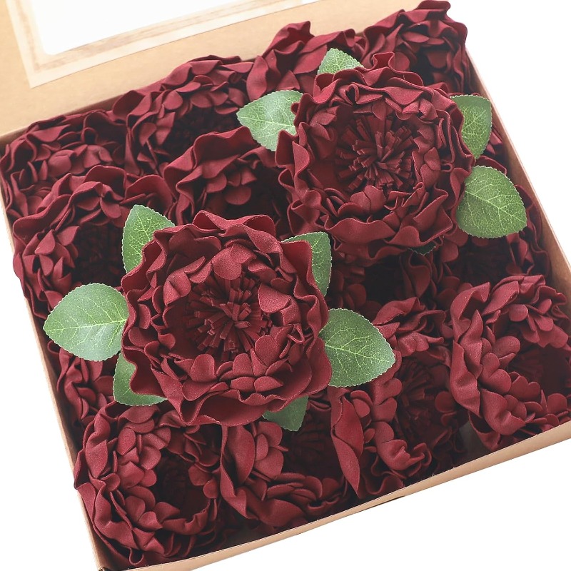 TEMU 16pcs Real-looking Burgundy Blooming Peonies With Flowers & Wire Stems - Large 4" Dark Red Fake Peony Bouquets Suitable For Diy Wedding