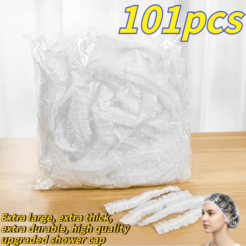 TEMU 101 piezas de gorros de ducha desechables elásticos y transparentes, extensibles 19.7 pulgadas | Gorro de ducha de resistencia súper mejorado |