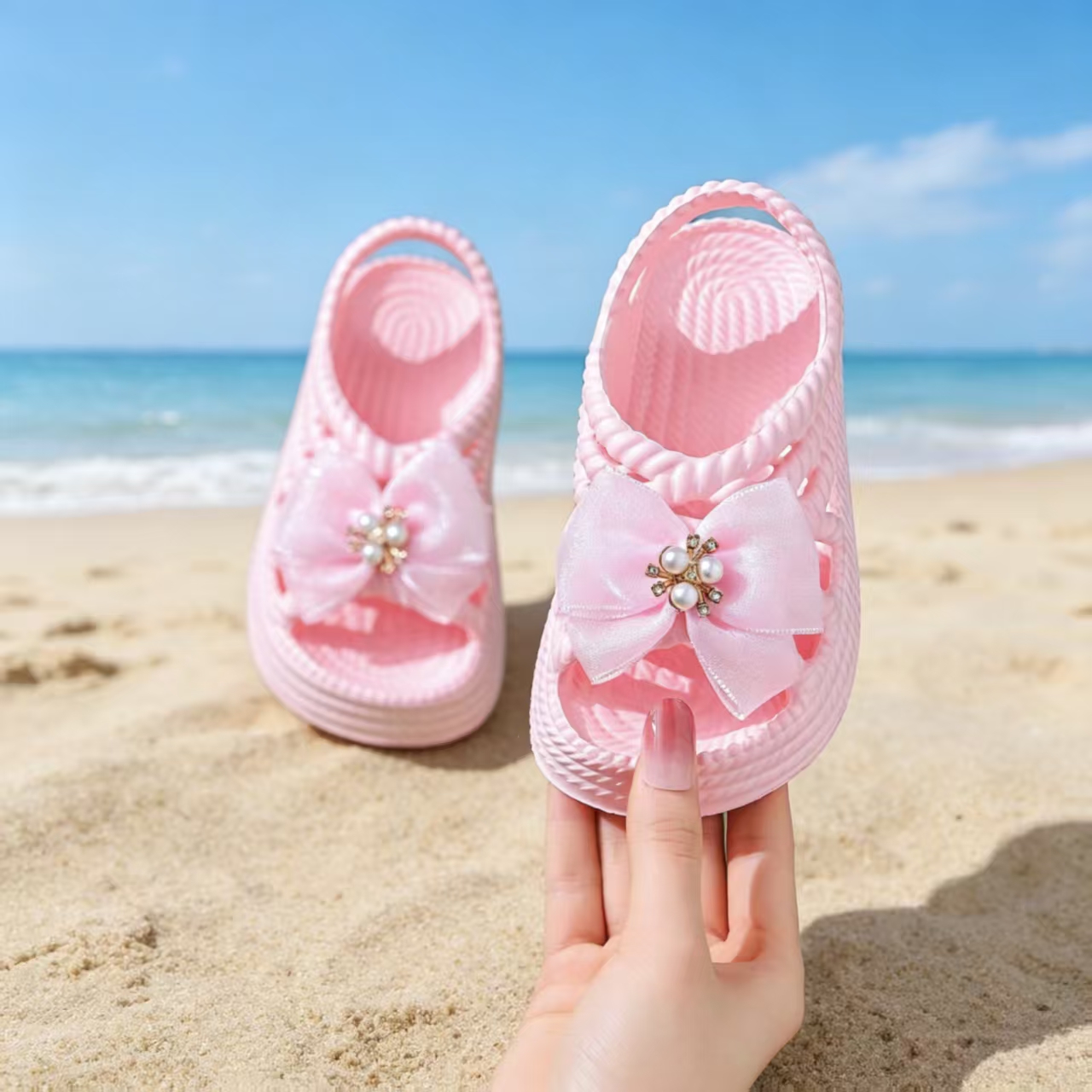 TEMU 진주와 라인스톤 리본 장식이 있는 새로운 여아용 샌들, 어린 소녀들을 위한 부드러운 밑창의 통기성 있는 해변 신발, 달콤한 공주 스타일의 다용도 샌들