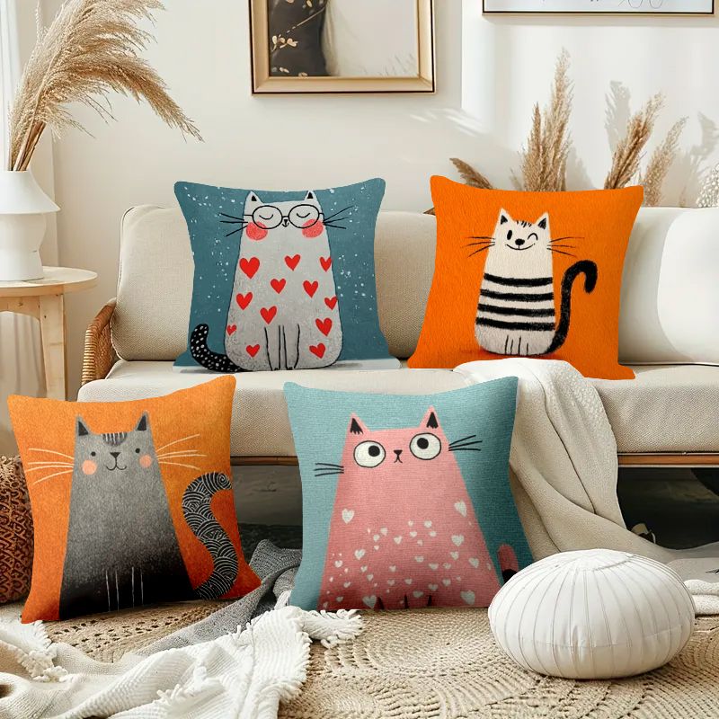 TEMU 4pcs Of Cute Wind And Warm Tone Contrasting Pillow Cover, Cartoon Cute Cat Decorative Cushion Cover, Zipper Closed - Machine Washable - Suitable