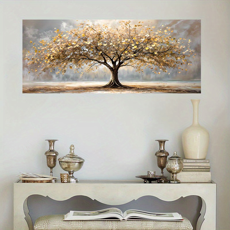 TEMU 2d Flat, 2d Flat, [pine Wood Canvas Painting] 1pc Elegant Tree Of Life Canvas Wall Art With Frame, Autumn Landscape Print, Golden And Beige,