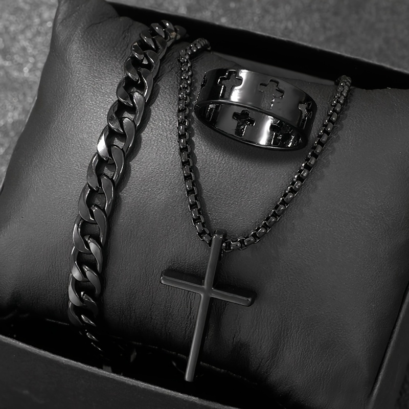Conjunto de 3 piezas de joyería de hip-hop para hombres - Estilo elegante con brazalete, collar y anillo, diseño negro y blanco - Regalo ideal para novio/esposo
