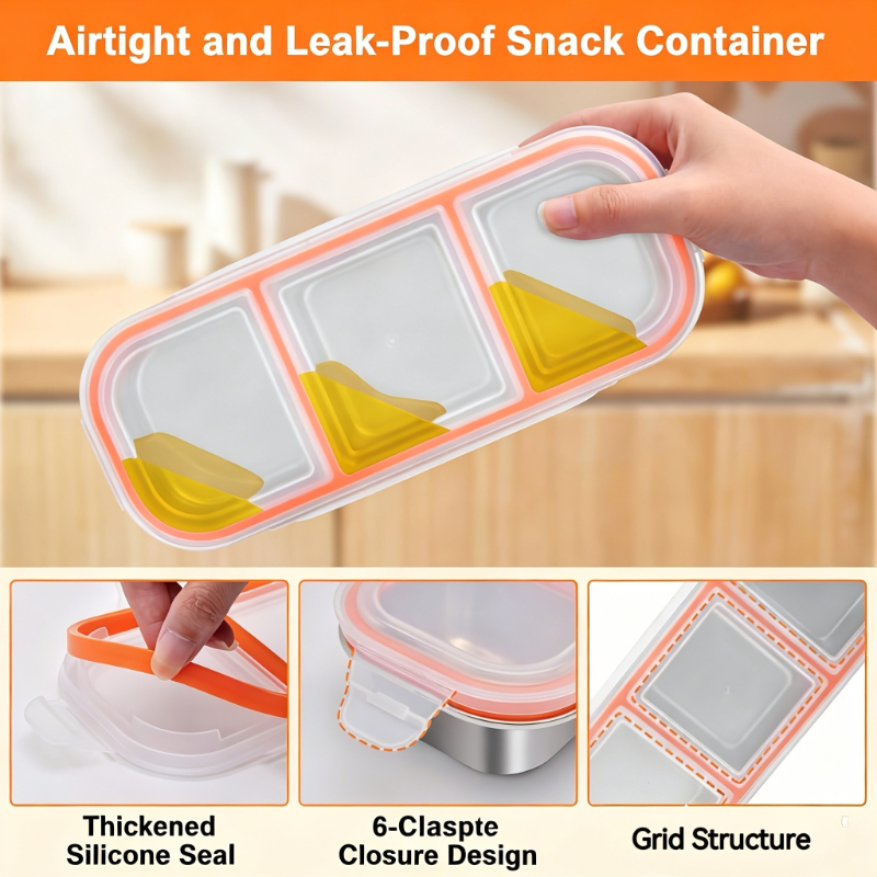 TEMU 2/3 Compartment Stainless Steel Snack Container, Divided Food Storage Box With Lid, 304heavy-duty, Refrigerator Organizer, Lunch Box, Meal Box,