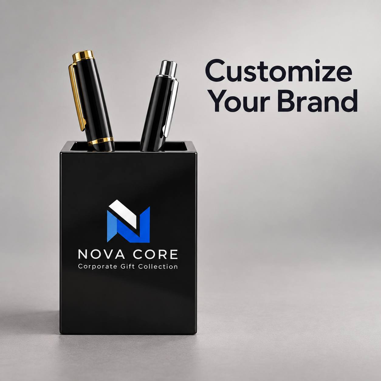 TEMU Black Square Business Pen Holder, Customizable With Text And Images, Printable , Company Name, And Slogan, Glossy 3d Pen Holder Design, Large