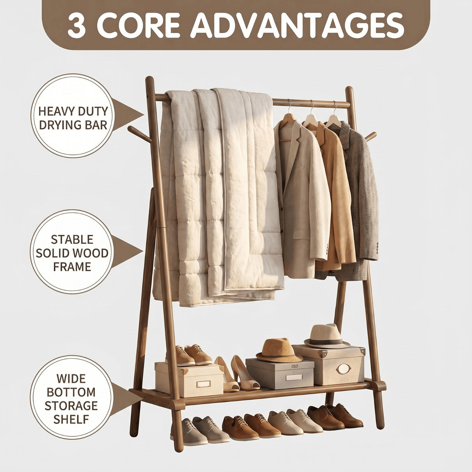 Solid Wood Quilt Rack with Bottom Storage Shelf - Modern Space-Saving Bed Frame Suitable for Home, Durable, Assembly Bedside Shelf Furniture, Rubberwood Bed Storage for Small Spaces (No Shelf Assembly)