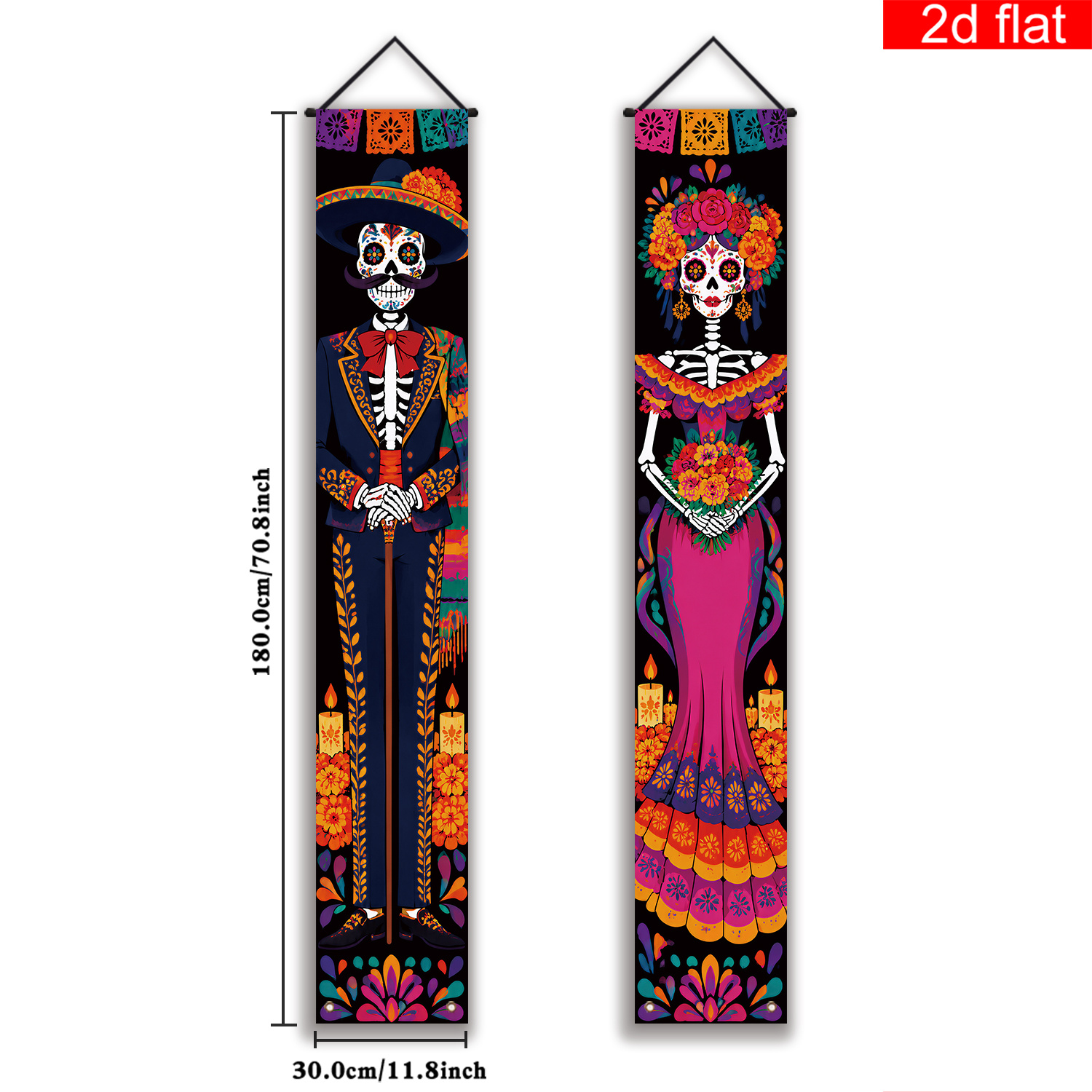 TEMU 2d Flat, 2d Flat - 2d Flat, 2d Flat - 2d Flat Banner, 2pcs Mexican Front Door Porch Banners, Polyester, Ethnic Style , Flowers, Candles,