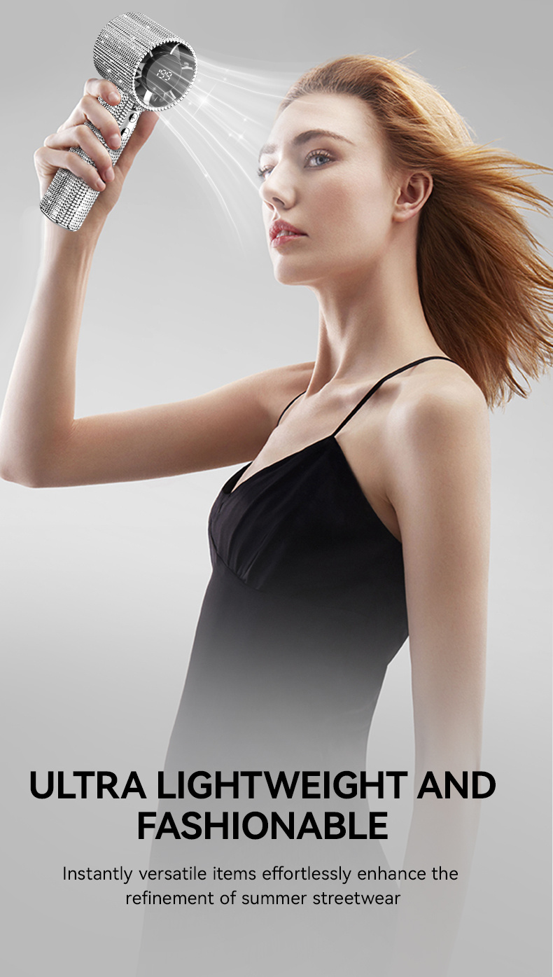 Diamond-Style Handheld Fan, Portable Hand Fan, Adorned with Sparkling Faux Diamonds, High-Speed Fan with 199 Adjustable Speed Settings, Featuring a Digital Display, USB Rechargeable, Exquisite Long-Lasting Battery Life, Available in Two Colors