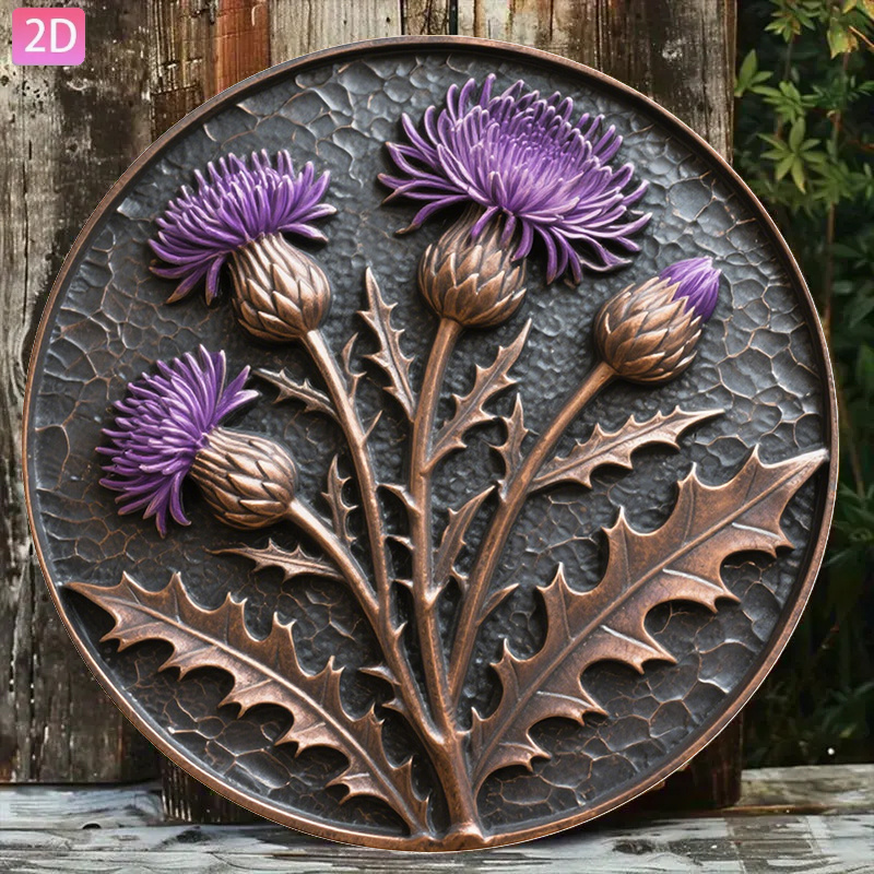 TEMU 2d Flat, Wooden Wall Decor Suitable For Garden, Kitchen, Cafe - Vintage Scottish Thistle Logo Panel | Wood Retro Round Plaque With Thistle |