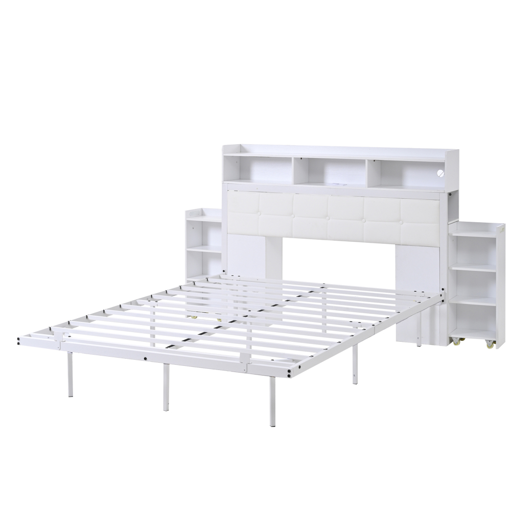 Modern White Double Bed With Slatted Base & Headboard - Space- Bed Frame With 2-pull-out Storage Nightstands, Assembly, Material (no Wood), Twin/full Size Suitable For Bedrooms, 140x200cm