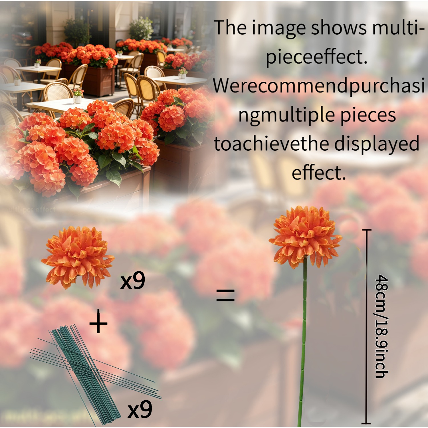 TEMU 9pcs Set Of Premium Autumn Orange Artificial Hydrangea Bouquet With Stems, Artificial Large Flower Head For Floral Decoration, Full And