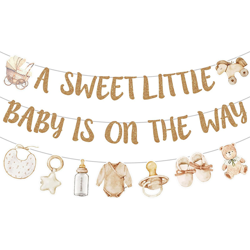 Image of 1 Set Of Neutral Golden Shower Party Decorations Boho Beige Shower Banner Glitter A The Way Garland Bunting Backdrop Decorations For Gender Reveal Party Decor Supplies Christmas Halloween