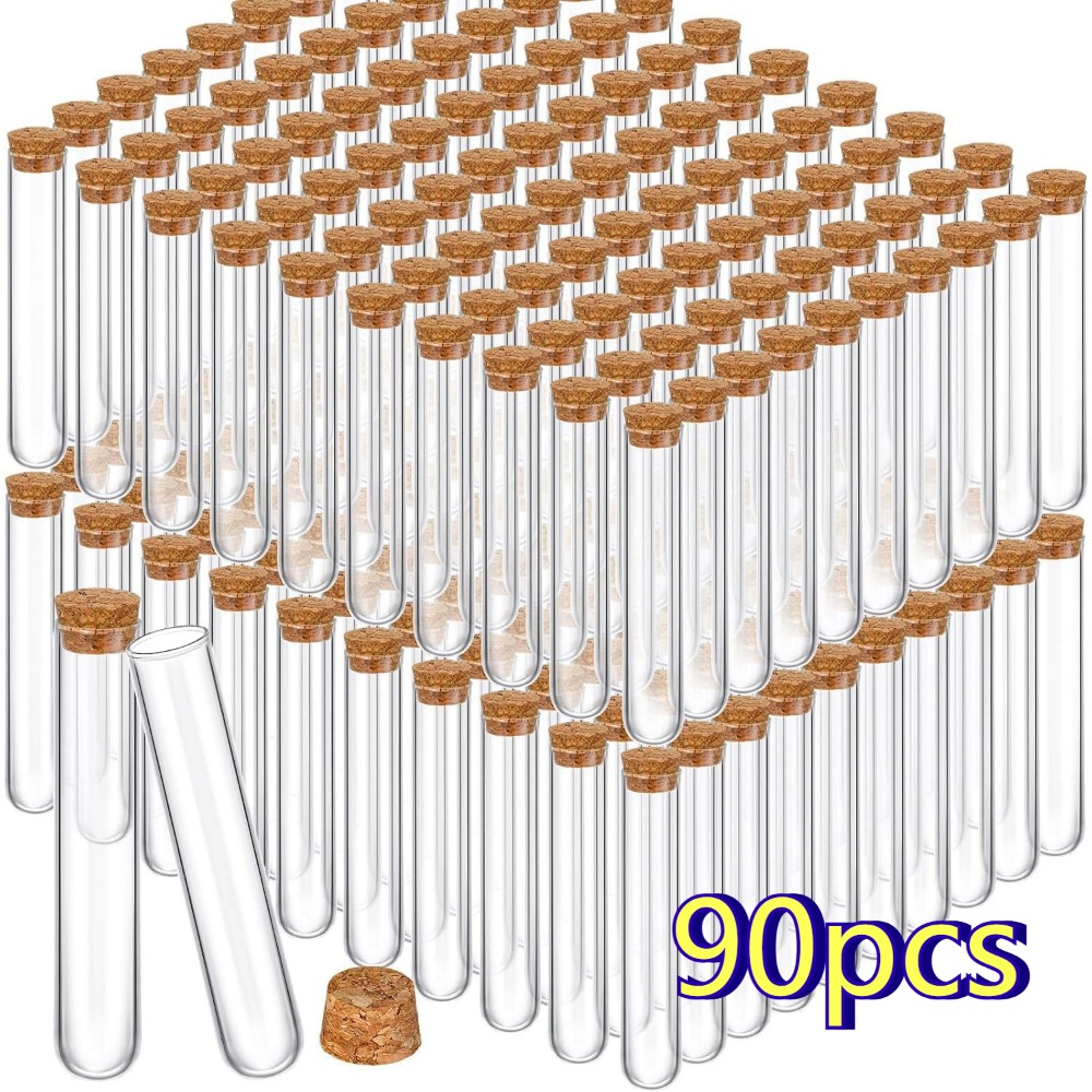 A Set Of 90 Plastic Test Tubes With Corks, Featuring A Round Bottom Design, Suitable For Use, Alcohol Storage, Plant Experiments, And Party Favors