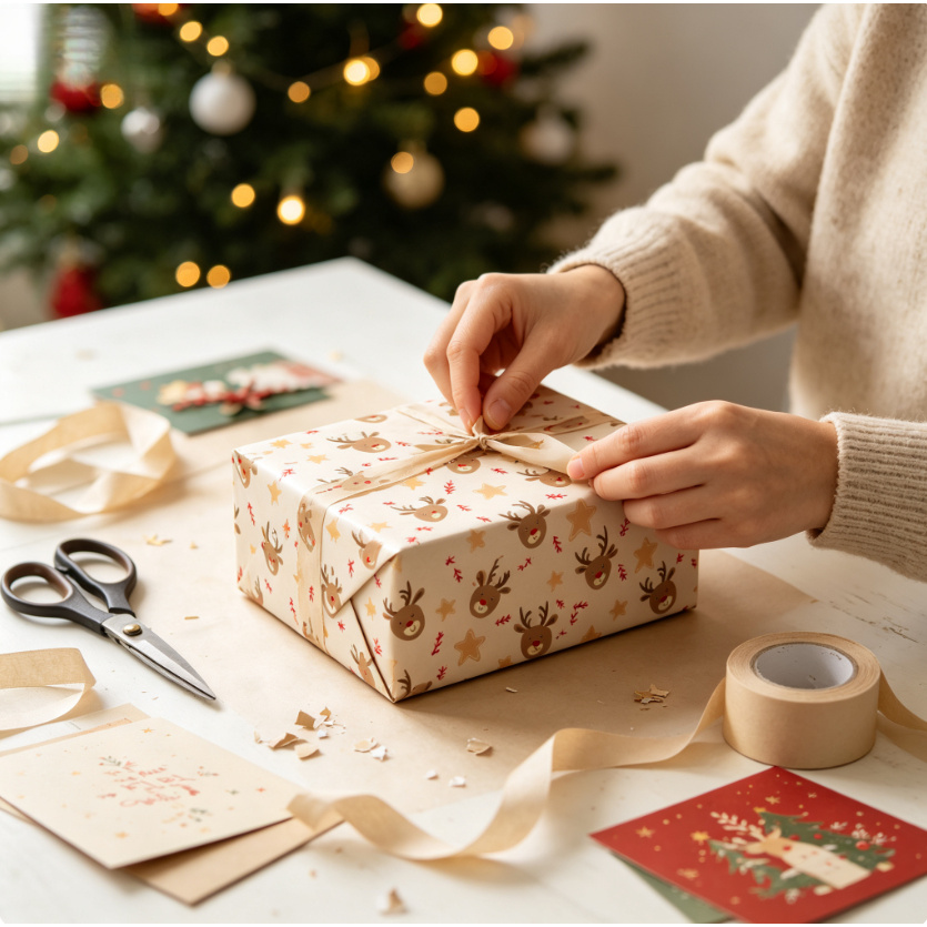 TEMU Reindeer Christmas Wrapping Paper Roll 17x118 Inches, Cream Background Cute Cartoon Christmas Deer Head Print Decorative Wrap Paper, Minimalist