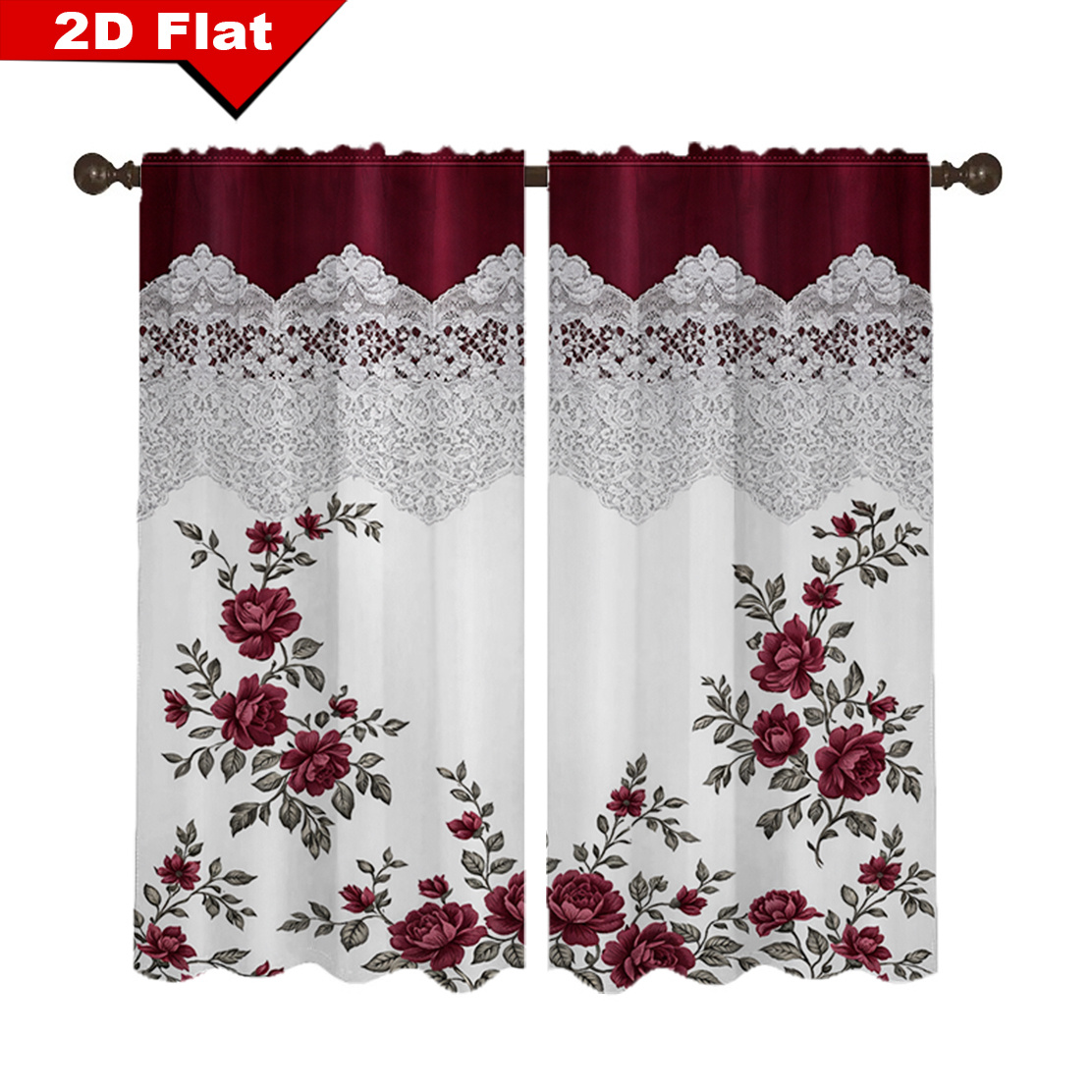 TEMU [2d Flat]curtain Fabric 2pcs Modern European Floral Curtains- Semi-transparent Privacy Blackout Curtains, White Background With Burgundy Floral