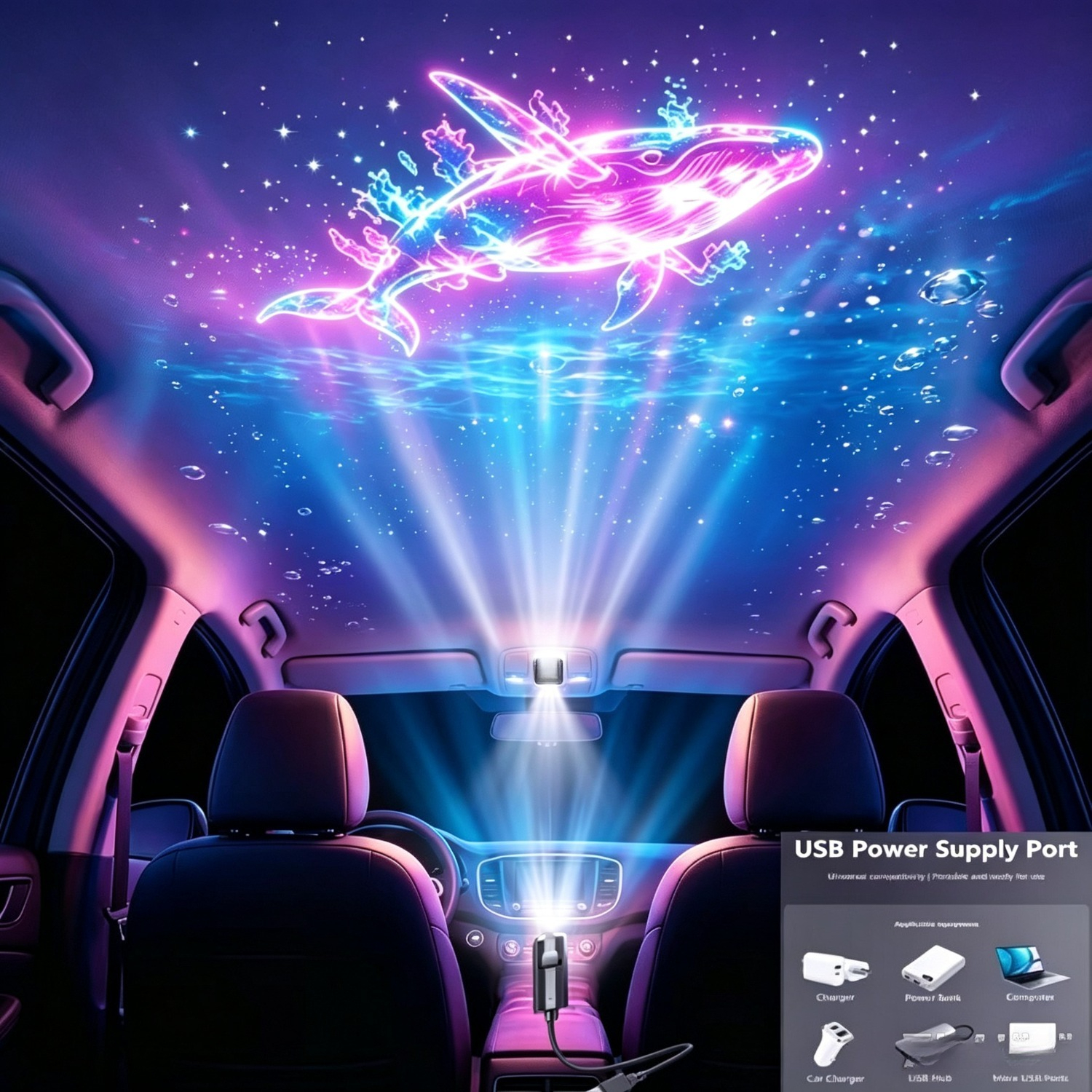TEMU 8- + 1 Projection Lamp Ocean-themed Projector Night Light, Creative Led Ambient Light, Usb-powered 360° Rotating Projection Lamp, Bedside Night