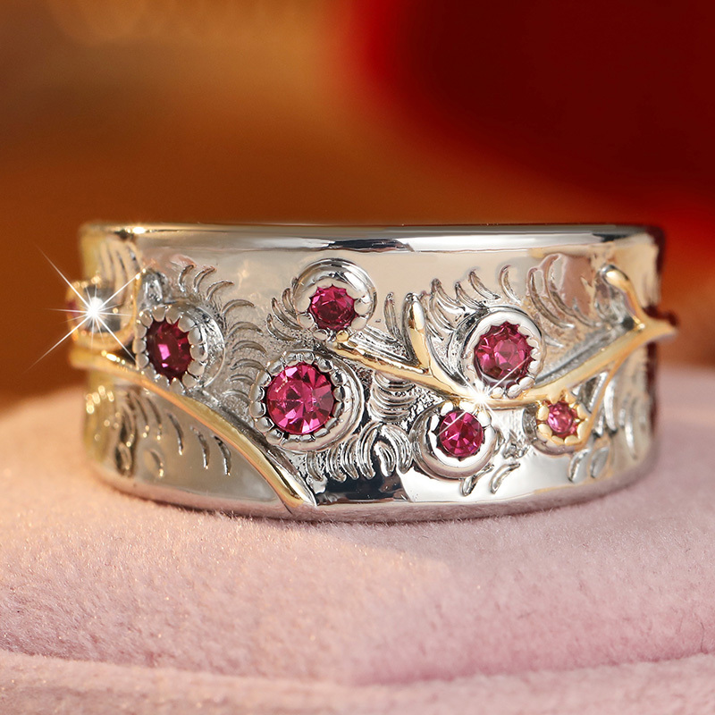 Women's Vintage Two-Tone Engraved Wide-Band Ring Set with Red Zirconia