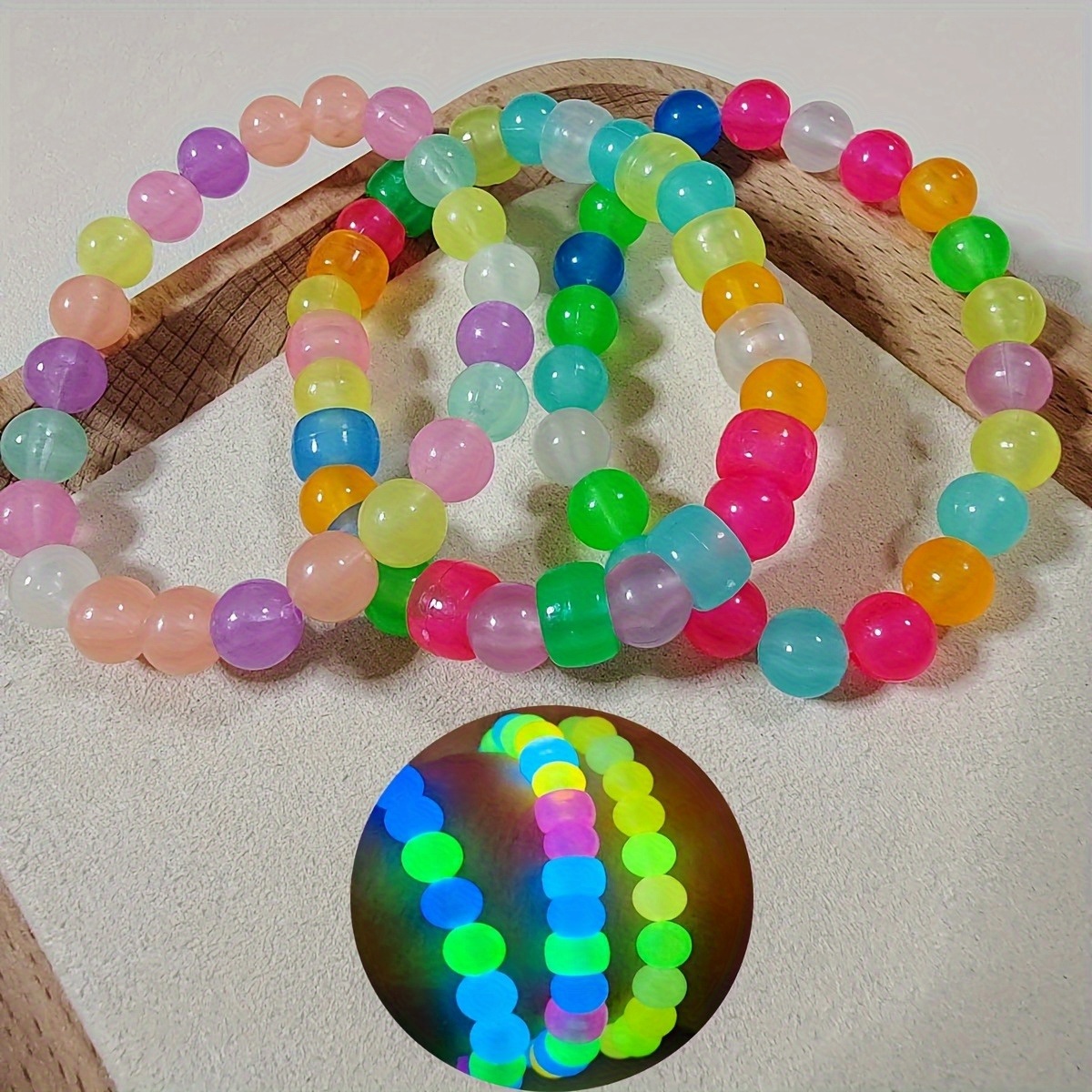 TEMU 3pcs Random Colors Luminous Handmade Beads Bracelet Set Bohemian -the-dark Fishing Lure Bangle Vintage Men/ Women Acrylic Bead Anklets Vacation