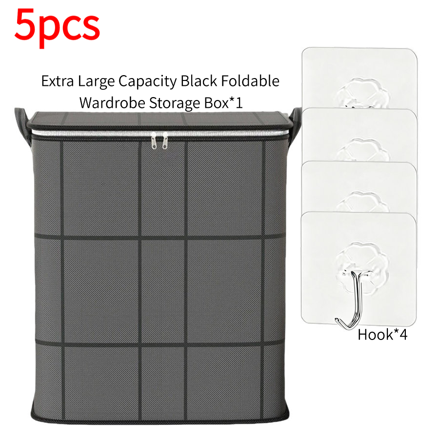 TEMU Extra Large Capacity Black Foldable Wardrobe Storage Box With Hooks, 1pc Storage Box And 4pcs Hooks, Stackable Large Capacity Storage Box,