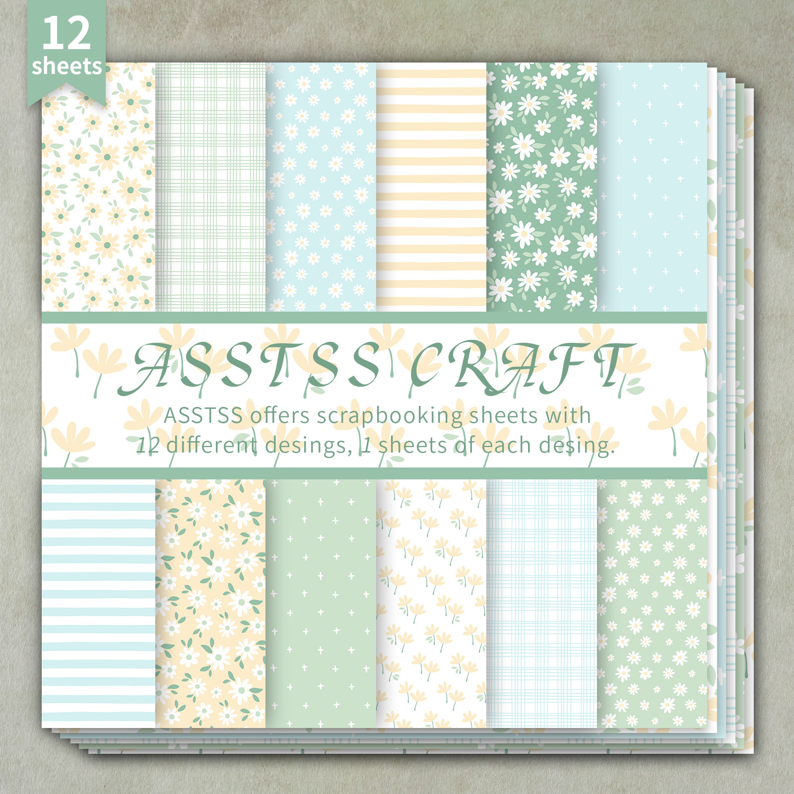 TEMU 12-sheet Asstss 6x6 Inch Scrapbooking Paper Pad, Summer Light Green And Yellow Daisy Style Backing Paper Supplies, Heavyweight Cardstock For