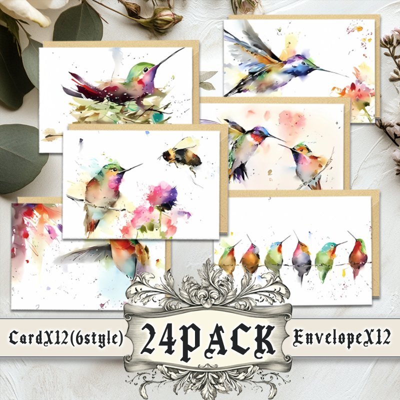 

24 Pack Watercolor Hummingbird Greeting Cards With Envelopes - 12 , Paper Cards For Celebration, , , New Year, Thank You - Ideal For Gifts