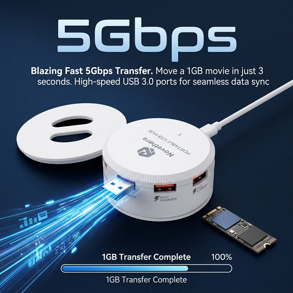 TEMU Usb 3.0 8-port Portable Round Multiport Adapter With Built-in Cable Storage Case, 6 Usb- Usb-c Ports, 5gbps Data Transfer, Type-c Pd Power Input