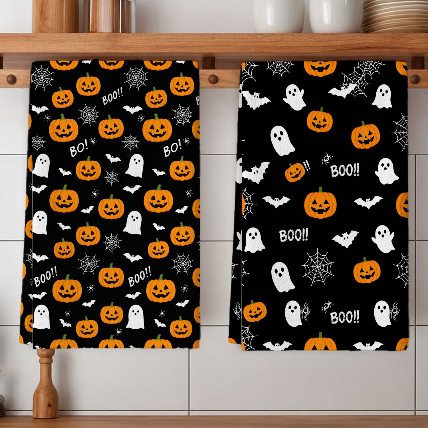 TEMU 2-pack Halloween Pumpkin Bat Web Pattern Kitchen Towels Dishcloths, "boo" Black Holiday Decorative Hand Towels Table Wipes, Absorbent Cleaning