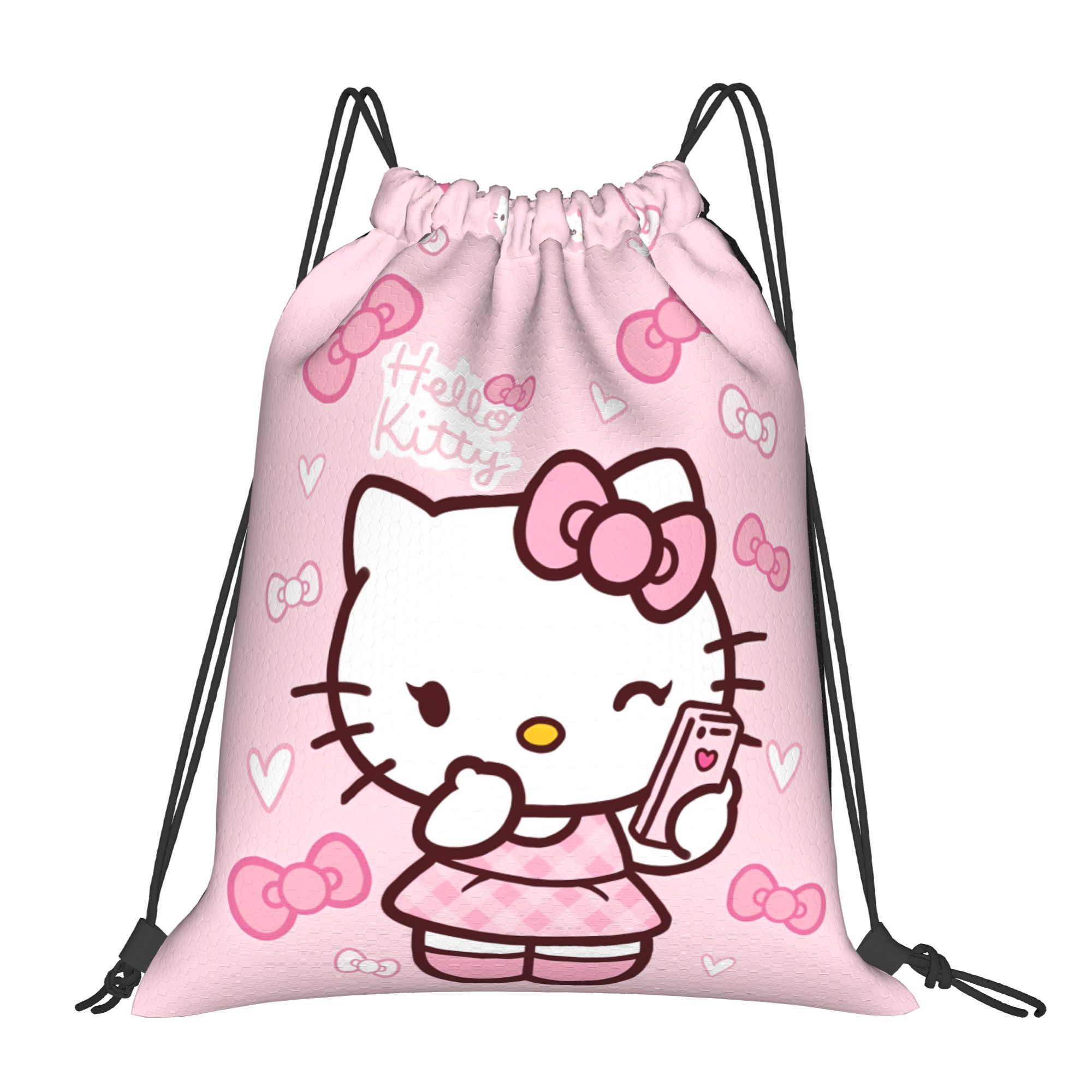 Durable Drawstring Backpack Featuring A Creative Hello Kitty Design, Perfect For Hiking, Gym, And Travel For Men And Women
