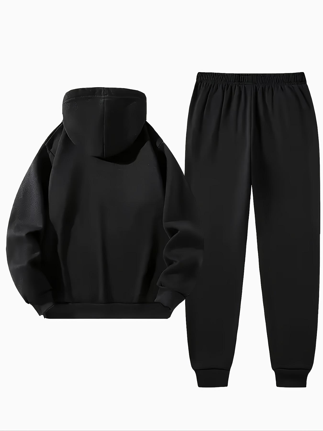 2pcs Men'S Fleece-Lined Thickened Hoodie and Sweatpants Set | Casual Sportswear with Alpha Pattern, Knitted Polyester Fabric, Hooded, Pocket Details, Suitable for Fall/Winter and Weekend Casual