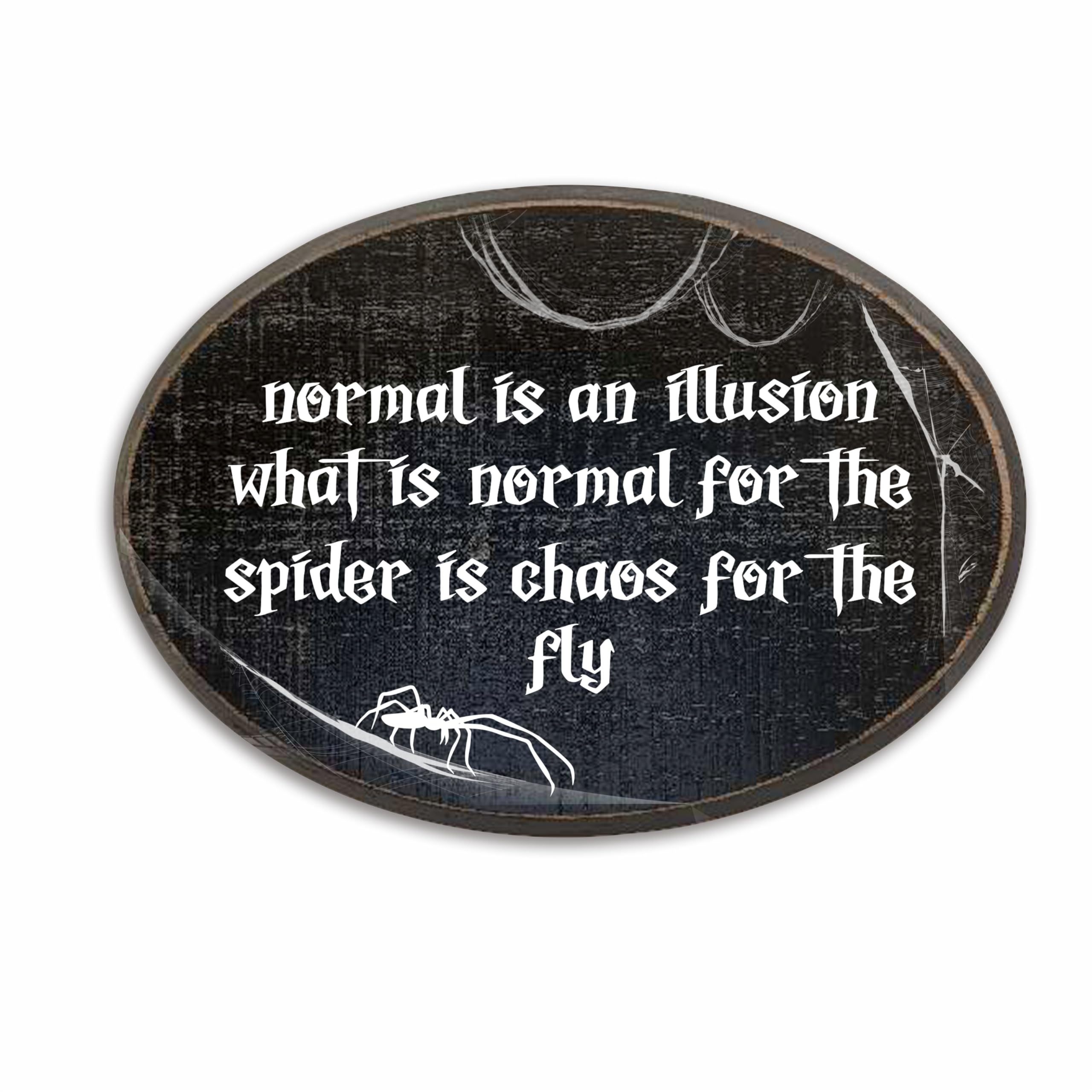 TEMU Gothic Style Wooden Wall Art - "normal Is An Illusion" With Spiderweb Design - Vintage Oval Wood Plaque, Back Hook For Easy Hanging, Ideal For