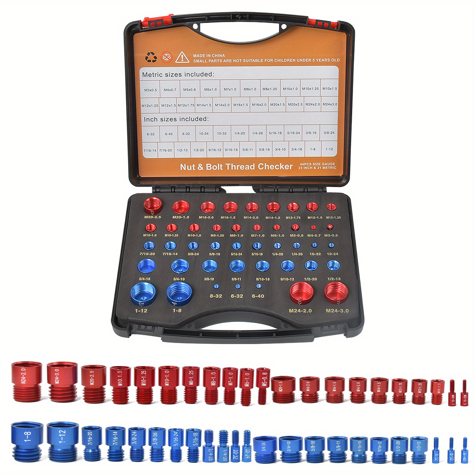 44pcs Nut And Bolt Thread Checker Inch Metric Thread Bolt Nut Identifier Gauge With Storage Box Repair Size Check