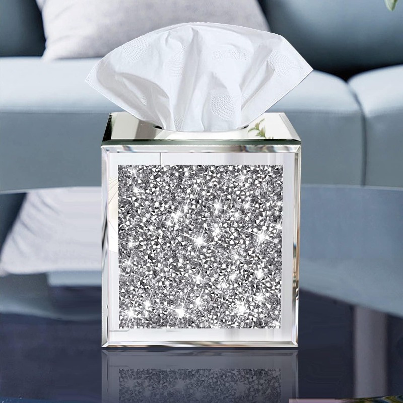 square mirrored tissue box covercrystal crushed diamond tissue box silvery luxury   for either tissues in a bathroom or napkins on a table. 5.5 x5.5 x5.5,   accessory, napkin holder, elegant decor, stylish organizer, decorative  , handcrafted detail, decorative tissue dispenser, interior designers, home decor lovers Product details 4