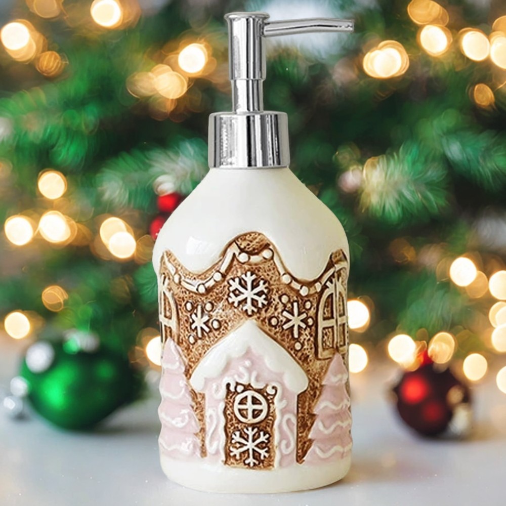 TEMU Christmas Gingerbread House Ceramic Soap Dispenser 350ml Refillable Hand Wash/lotion Bottle With Pump Head Body Wash Dispenser (christmas Decor