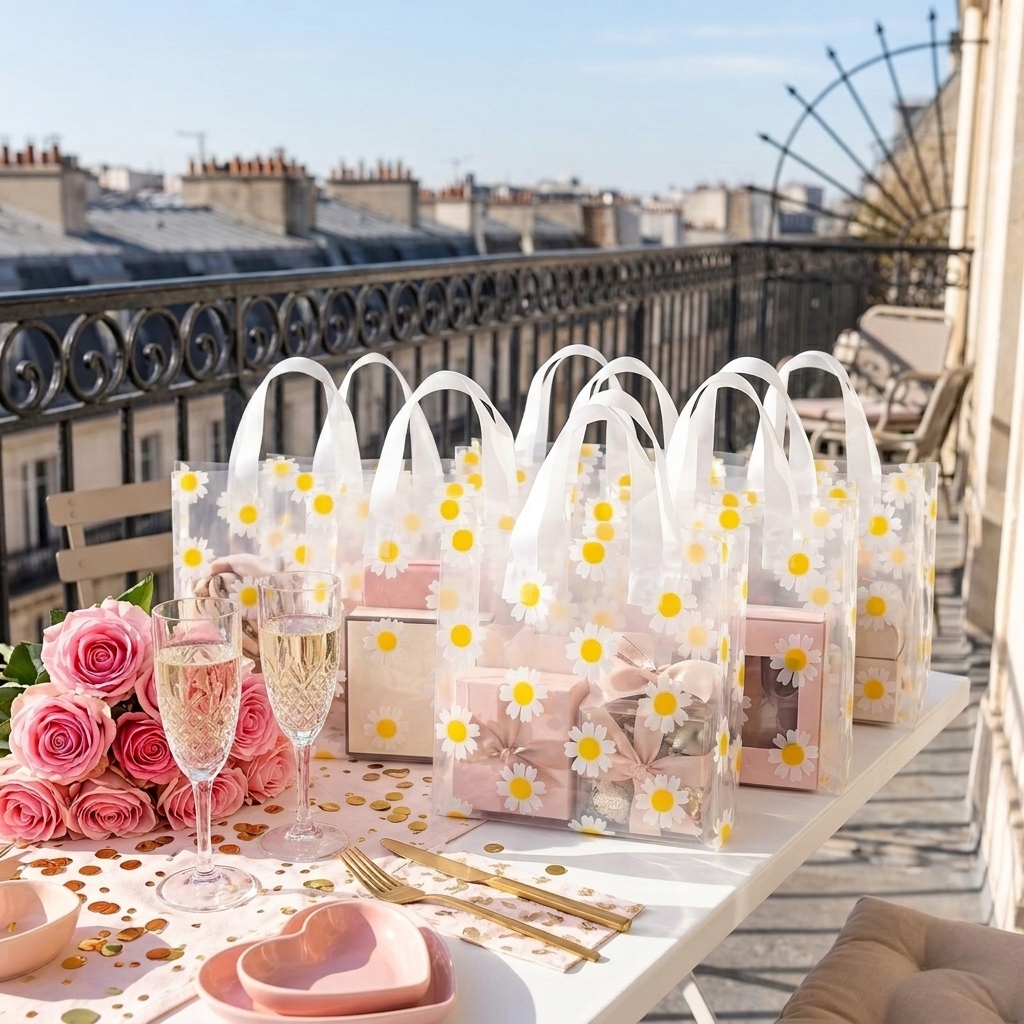 TEMU 14pcs Daisy Print Transparent Gift Bags | Stain-resistant Tote Bags For Cosmetics, Apparel & Wedding Gifts | Ideal For Valentine's Day, Mother's