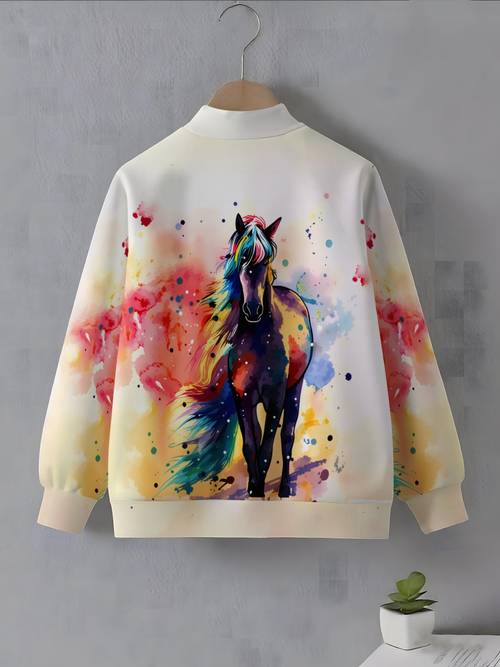 watercolor horse print girls baseball suit artistic style childrens jacket spring and autumn style style versatile jacket
