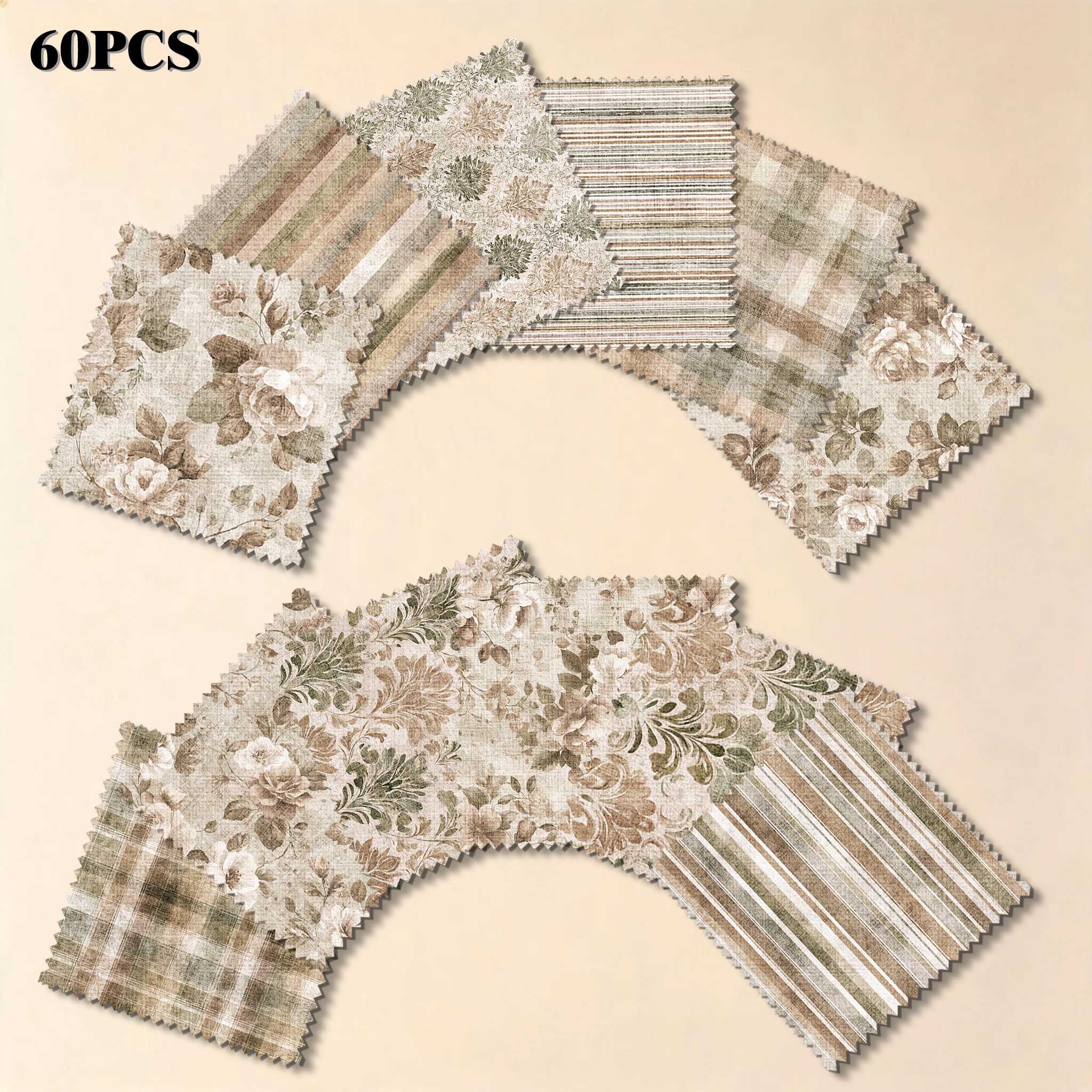 TEMU 60 piezas de cuadrados de tela precortados con bordes festoneados, para principiantes, hojas de manualidades estilo vintage - Estampados de
