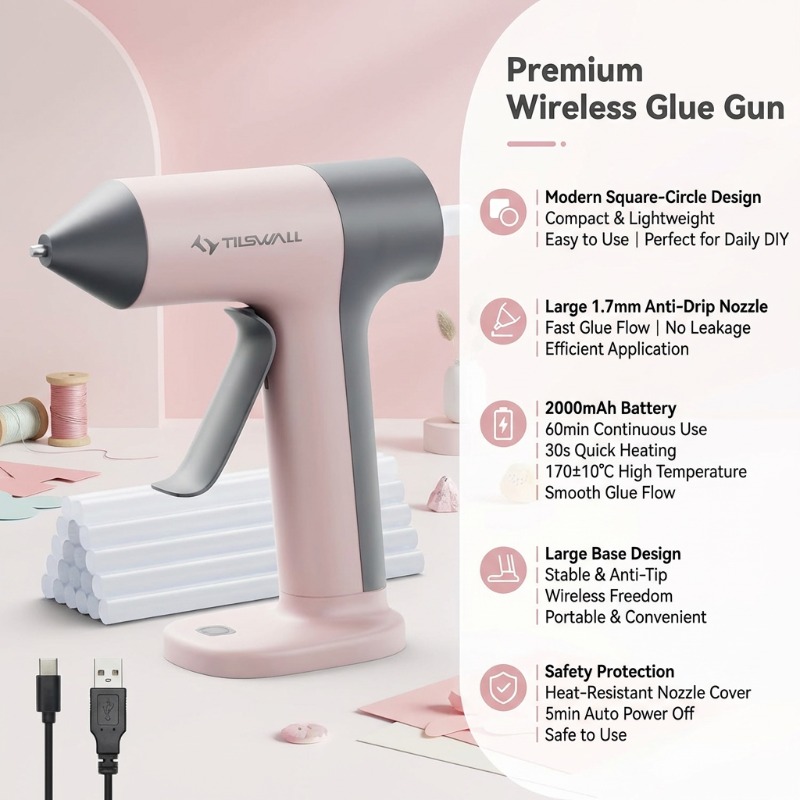 TEMU 4v Cordless Hot Melt Glue Gun Rapid Preheating Anti-drip Design Usb-c Rechargeable Essential Includes 10 7mm High- Glue Sticks Pink Glue Glue