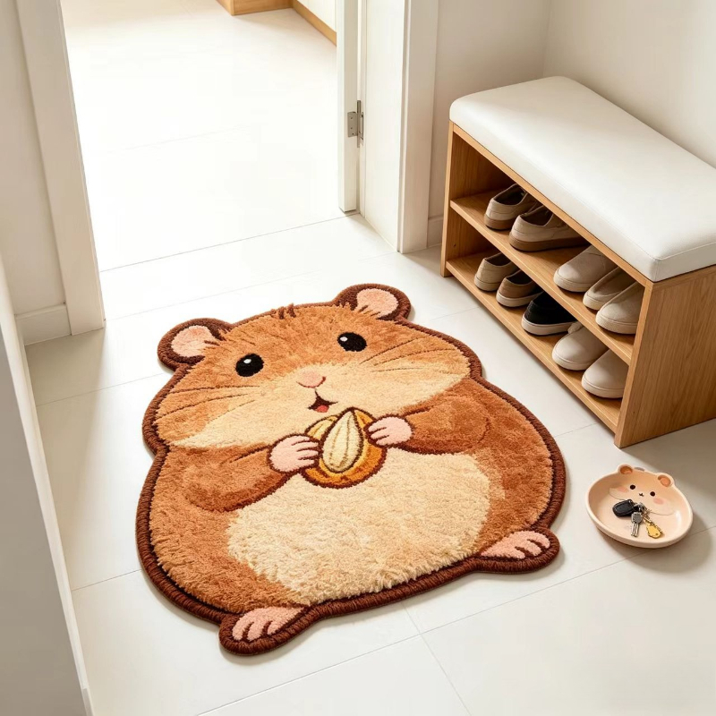 TEMU Imitation Cashmere 900g   9mm 2d Hd Printing Rug, Brown Cartoon Hamster Holding A Melon Seed Design, Living Room Sofa Carpet, French-styleins