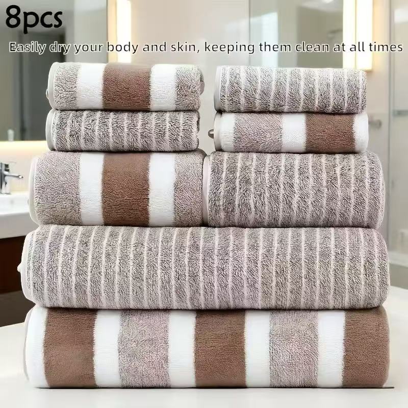 TEMU 8pcs Luxury Towel Set - Microfiber, Quick-drying, Highly Absorbent, Gray And White Striped Design, Includes 2 Bath Towels, 2 Hand Towels, And 4