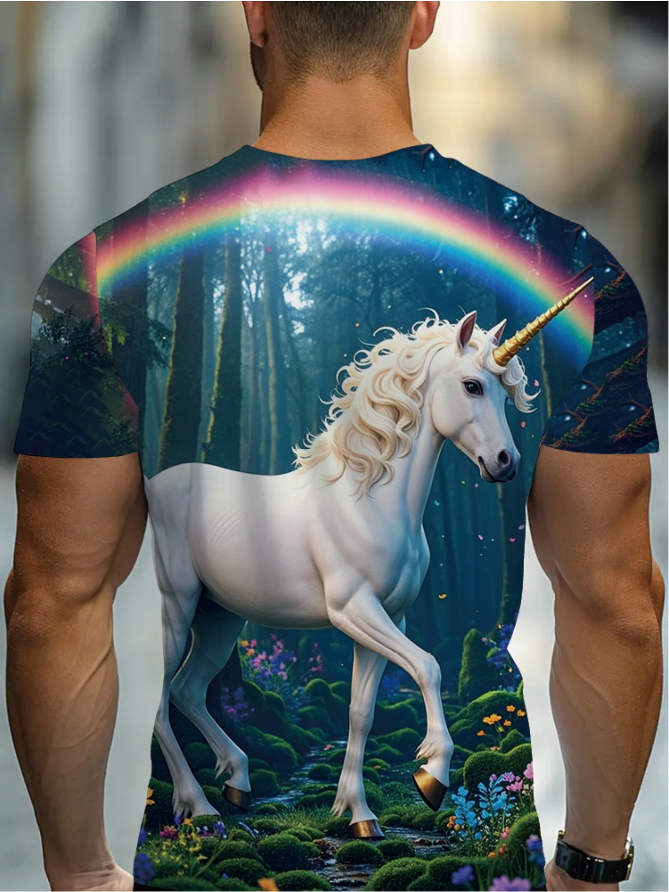 Men's 3D Printed Rainbow Unicorn Graphic T-Shirt - Vibrant Full-Body Print, Short Sleeve Round Neck, Breathable Summer Casual Tee, T-Shirts, Machine, image size:800x1067