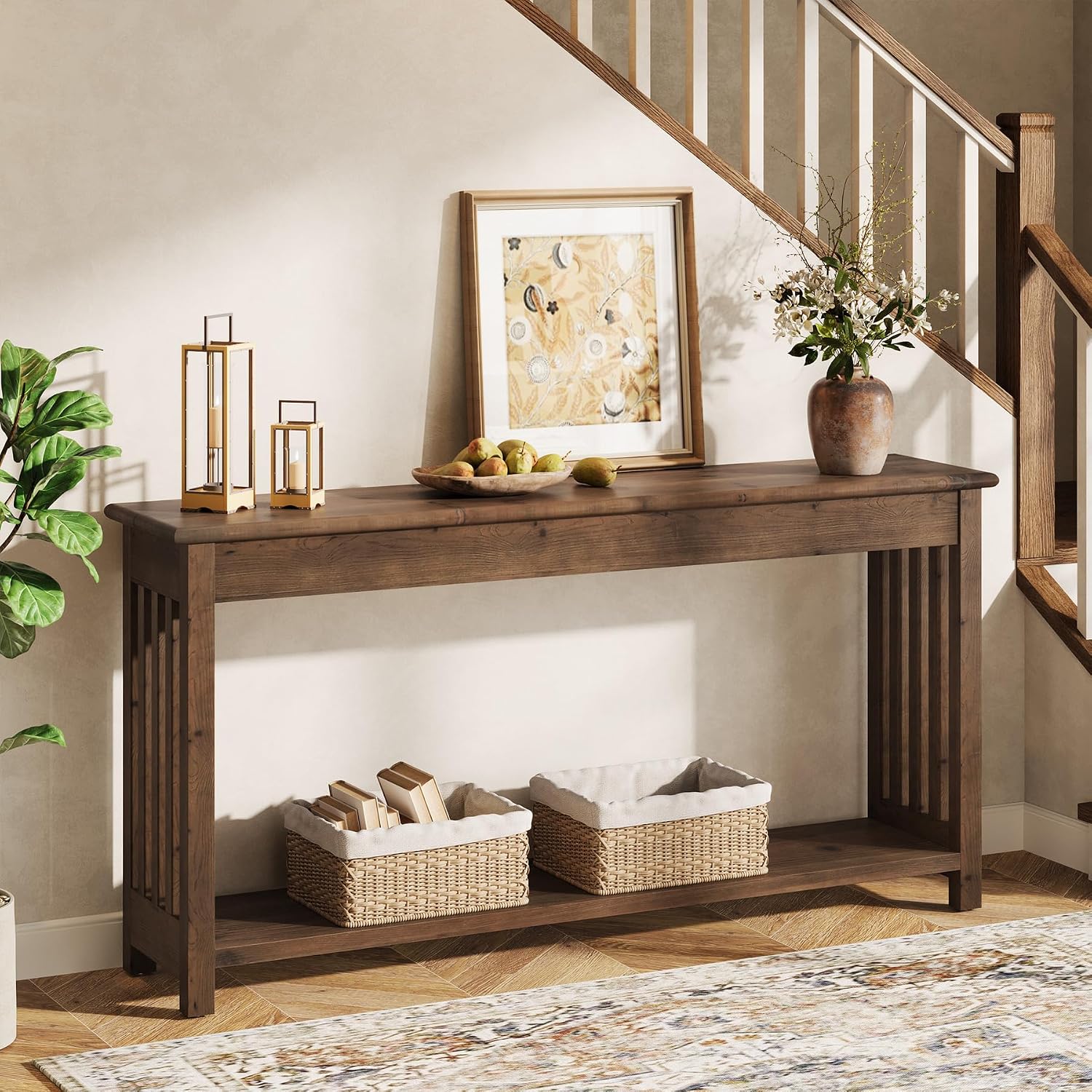 Image of 63-inch Solid Wood Console Table With 2-tier Storage, Farmhouse Entryway Table, Rectangular Long Sofa Table Behind Couch For Entryway, Hallway, Living Room, Entrance